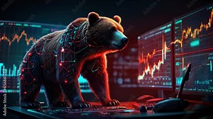 A bear wearing a circuit board like an armor stands in front of several computer monitors displaying stock market data.
