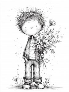 Hand gezeichneter Junge mit Blumen CLIPART, wunderliche Skizzen-Kindillustration, Schwarzweiß-Blumenkunst, Storybook-Linienstil - Etsy.de