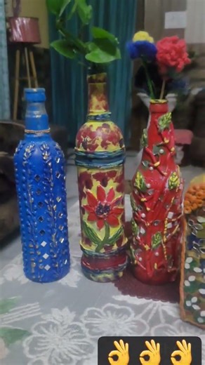 DIY #beautiful bottle art #mirrors and colours #clay #beautiful bottle decoration idea👌