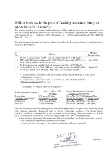 SVNIT TA Walk-in Interview – Dec 2025 | Teaching Assistant Recruitment Notice