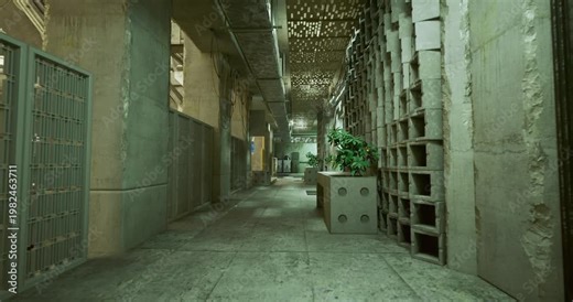 narrow gated corridor with metal doors and mailbox cluster, dim industrial lighting, textured concrete walls, padlocks and worn surfaces conveying residential