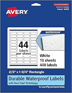 Avery Durable Waterproof Rectangle Labels, Sure Feed Technology, 2/3" x 1-3/4", 440 Total, Oil and Tear-Resistant Waterproof Labels, Print-to-The-Edge, Laser/Pigment-Based Inkjet Printable