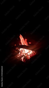 Vertical video background Beautiful bonfire or fireplace burning in nature at night. Bonfire party celebration is very festive. Burning wood on the beach or in the forest. 4K Stock Video