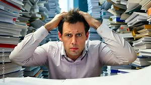 Overwhelmed office worker surrounded by paperwork in a chaotic workspace during a busy afternoon