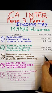 📚 ICAI CA Inter Paper 3 (Part A - Income Tax): Topic-wise % & Marks Analysis! In this short, I break down Income Tax (Part A) of the CA Intermediate Paper 3, highlighting topic-wise weightage and marks distribution based on previous examinations. This strategic insight will help you focus on the most important areas and maximize your preparation for the upcoming exams. 🔍 Topics Covered: ✅ High-weightage chapters ✅ Frequently asked topics ✅ Smart study tips 🎯 Don’t miss this quick analysis to 