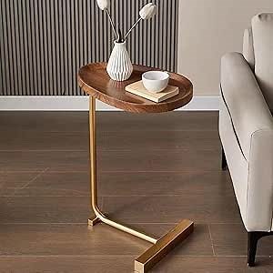 C-Shaped Side Table, Slide Under Couch Sofa End Table with Metal Frame, Easy Assembly Modern Side Tables for Living Room, Bedroom, Bedside - Sturdy Snack Coffee Laptop Table (Walnut)