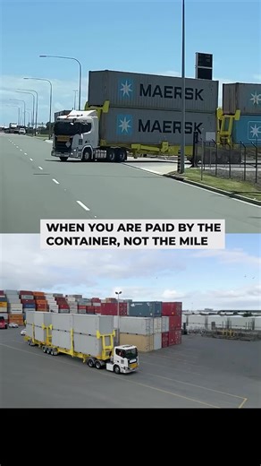 Think navigating a single 53-footer through a busy port is a headache? Try doing it the Australian way! 🇦🇺🚛 Down in the Port of Brisbane, they don't just pull containers—they stack them. Watch this cab-over easily maneuver two trailers loaded with four full-size Maersk containers stacked right on top of each other. But why stop there? The real showstopper is the triple-trailer setup hauling six stacked Qube containers, all pulled by one single truck! Sure, those six boxes might be empty, but 