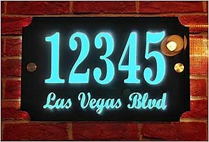 Custom House Address Plaque, LED Illuminated Door# and Street Name Sign, Premium Quality, Stylish and Durable (11"x7" Rectangle, Blue LED)