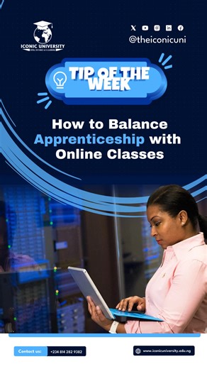 Juggling apprenticeship and online classes? Here’s your tip of the week! Learn how to balance work and study effectively with these easy steps. Stay on top of your game and make every moment count! 💪🏽📚 #StudyTips #FlexibleLearning #IconicUniversity #OnlineLearning #WorkLifeBalance #StudySmart #ProductivityHacks | Iconic University