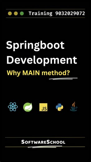 SoftwareSchool Coding Tutorials on Instagram: "❓ Spring Boot Interview Question 👉 Spring Boot lo main method enduku kavali? ➡️ JVM start avvalante ➡️ Entry point kavali ➡️ main() method 🔥 SpringApplication.run() ➡️ Context create ➡️ Beans load ➡️ Embedded Tomcat start Ee clarity unte 💯 Interview confidence guaranteed Follow @softwareschool 💬 Comment “MAIN” for more clarity"