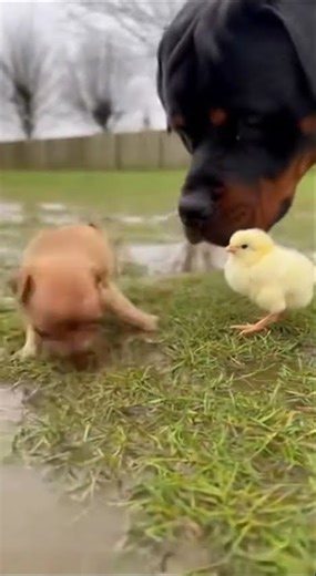 🐶 Tiny Puppy + Baby Chick = Instant Cuteness Overload… Then BIG Dog Shows Up! 🐣#Shorts #PuppyLove