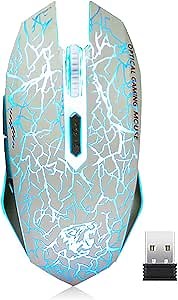 VEGCOO C10 Wireless Gaming Mouse, Rechargeable Gaming Mouse, Silent Optical Mice with 2.4G USB Receiver, 3 Ajustable DPI, 7 Colorful LED Lights for Gamer (White)