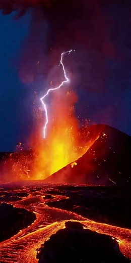 Night Volcano With Rivers of Fire and Lightning