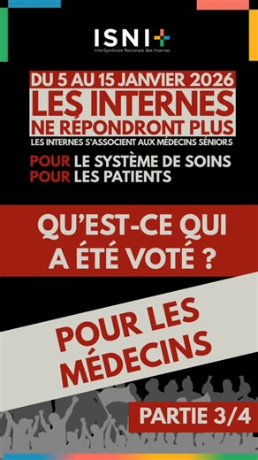 ISNI on Instagram: "🔥🎙️ Grève de janvier : ce que cela change pour les médecins ❌ Derrière les choix budgétaires, ce sont les conditions d’exercice médical qui évoluent. Moins de liberté de prescription, une pression économique accrue sur les cabinets, des contraintes administratives supplémentaires. Ces décisions fragilisent l’exercice médical, réduisent l’attractivité de la profession et compliquent l’installation comme le maintien en activité. Les internes se mobilisent pour alerter sur une