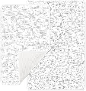 Yeaban White Bathroom Rugs Sets 2 Piece – Thick Chenille Bath Mats | Absorbent and Washable Bath Rug Non-Slip, Plush and Soft Rugs for Bathroom Floor, Shower, Sink - 20" x 32"+24" x 36"