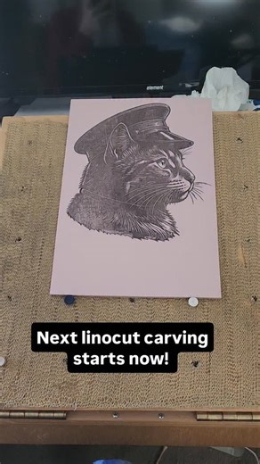 robert on Instagram: "The carving begins of a cat in a train conductors hat, the next piece in my linocut series of Animals Wearing Hats. #linocut #printmaking #cat"
