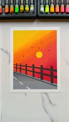 🛣️ Easy Sunset Road Scenery | Oil Pastel Drawing