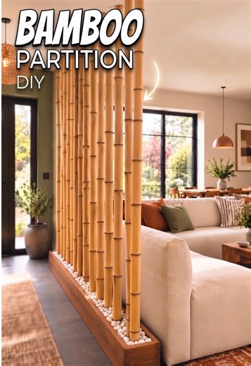 Create a spectacular partition for the living room with simple bamboo. This clever DIY project transforms simple, natural bamboo into a stunning, modern room divider. It's an affordable and eco-friendly way to zone your living space, adding organic texture and architectural interest without closing off the room's light. Would you try building this bamboo partition for your living room? Let me know below! 👇 #RoomDivider #BambooCraft #LivingRoomDecor #DIYHome #HomeInspo