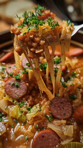 🥣 KIELBASA AND CABBAGE SOUP Ingredients: 1 lb kielbasa sausage, sliced into rounds 1 tbsp olive oil 1 small onion, diced 🧅 2 carrots, peeled and sliced 🥕 3 cloves garlic, minced 4 cups chicken broth 2 cups water ½ head green cabbage, chopped 🥬 2 potatoes, peeled and diced 🥔 1 tsp paprika Salt & black pepper to taste Instructions: Sauté Base: In a large pot, heat olive oil over medium heat. Add kielbasa and cook until lightly browned. Remove and set aside. Cook Veggies: In the same pot, add