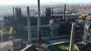 View from drone of old abandoned blast furnaces of Vitkovice Iron and Steel Works, Ostrava city, Czech Republic