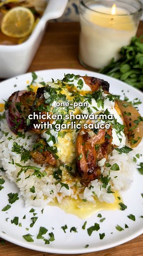One Pan Chicken Shawarma with Roasted Garlic Sauce