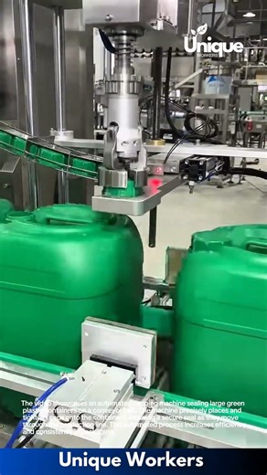 Automated Capping Machine: Sealing Large Plastic Containers on Conveyor Belt