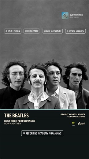 Congratulations to the band on The Beatles’ “Now And Then” GRAMMY win for Best Rock Performance! Thank you to the Recording Academy / GRAMMYs and all the fans, now and then. To support music professionals affected by the Los Angeles area wildfires, Apple Corps has contributed to MusiCares Fire Relief (GRAMMY.com/firerelief) | The Beatles