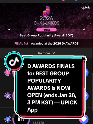 [UPICK] — D AWARDS Best Group Popularity Award (BOY) FINALS 📢 ENGENEs, the FINAL VOTING has started! Kindly manage & strategize your drops as this is an unlimited voting poll. Maximize all the SNS Log-ins, get attendance daily, and keep collecting JAMS through ads & missions❗️ Turn on your notifications to be updated on further announcements regarding mass votings. *Note: Blue jams must be dropped by January 15, 2026, 11:59 PM KST due to expiry. 🗓: ends on January 28, 2026, 3PM KST 📌: Unlimit