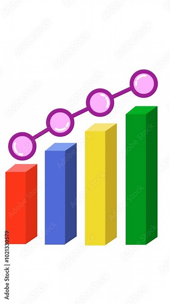 A colorful bar chart illustrates a trend of increasing growth or progress. Cartoon animation. Alpha channel. Suitable for business infographic video content