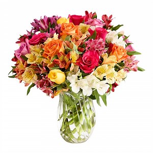 1800 Flowers - Assorted Roses & Peruvian Lilies Double: Orange, Pink, & Multicolor Fresh Cut Flowers with Clear Vase, Decorative