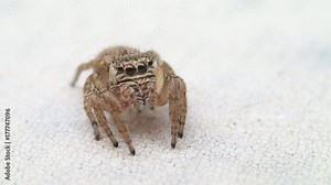 Brown jumping spider looking at me and jumping on my camera