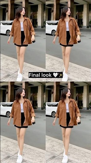 The outfit || white tank top + black mini skirt + oversized brown shirt + white sneakers 🤎 #fashion