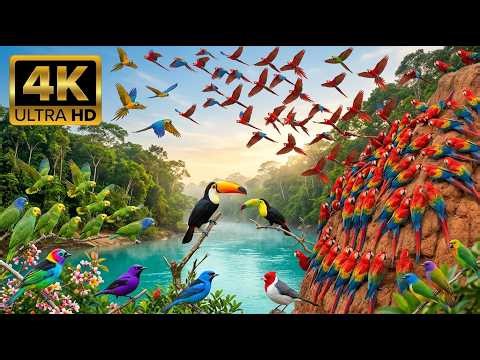 Relaxing Walk Amazon:The Clay Lick Bird Festival (4K) | Scarlet Macaws, Blue & Gold ,Amazon Parrots