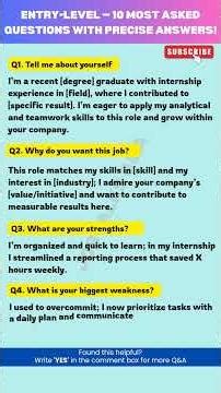 ENTRY-LEVEL 10 MOST ASKED QUESTIONS & PRECISE ANSWERS! #interview #job #findjobfast #jobtalks #jobs