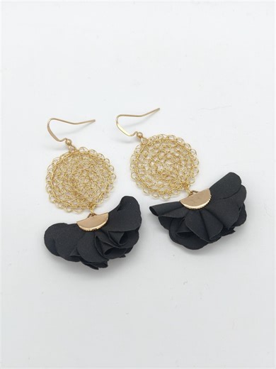 Elegant Crocheted Wire Gold & Black Fabric Flower Earrings - Etsy