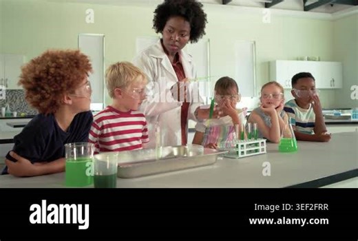 African American teacher in white lab coat holding test tube, pipetting, teaching kids at lab bench. Science, classroom, demonstration, educator, students, curiosity, discovery Stock Video Footage - Alamy