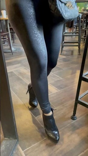 Stiletto heels, gorgeous legs and skintight jumpsuit 👠 Candid camera in coffeshop.