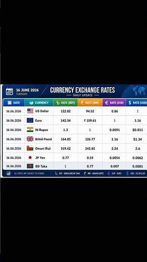 💱 Currency Exchange Rates Today | USD, EUR, INR, GBP, OMR, JPY & BDT 📈 | June 16, 2026