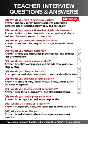 Teacher Interview Questions and Answers | Teaching interview Questions and Answers
