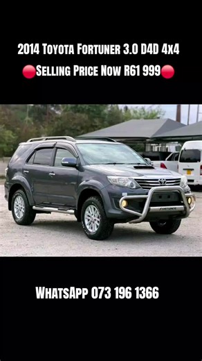 2014 Toyota Fortuner 3.0 D4D 4x4 🔴Selling Price Now R61 999🔴 Year : 2014 Mileage: 108 533Km Engine: 3 Litre Turbocharged Diesel (D4D) Interior: Full Leather Transmission: Automatic Drivetrain: 4x4 Selective (Gear Switch) Specifications: Air con, Power Steering, Central Locking, CD, Diff lock, Usb, Cruise Control, Bluetooth integrated radio, roll bar, side steps. 7 Seater Solid Suspension Dry Engine Pristine Condition General Condition: Must see vehicle. Well looked after. Call or WhatsApp 073 