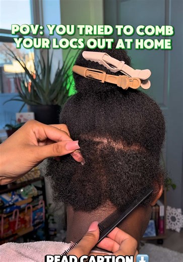 Combing out locs is a very delicate, time-intensive process that requires the right tools, technique, and patience. When done incorrectly or rushed at home, it can easily lead to unnecessary damage to your natural hair. Here’s what can happen: • Excessive breakage from pulling, ripping, or dry combing • Split ends caused by forcing knots apart instead of properly unraveling them • Thinning & weak spots from uneven tension and over-manipulation • Scalp stress that can lead to soreness, shedding, 