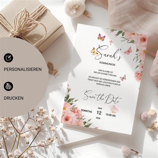 First Holy Communion Invitation | Folded Card DIN A5 | Customizable | Communion Invitation Card | Canva Template - Etsy