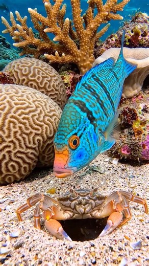 Blue-barred Parrotfish Found A Coral Crab In A Hole Then Emerged #shorts