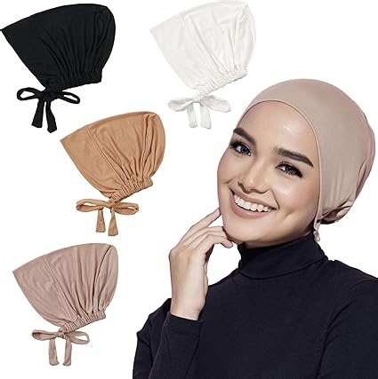 Kopftuch Damen Hijab Undercap, 4 Stück Bonnet Sleep Cap Islamische Muslimische Kopfbedeckung Unterschal mit Kordelzug Tie Back Closure Verstellbarer Elastische Untertuch Kopftücher Chemo