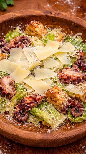 Original Caesar Salad Dressing with Octopus 🐙🍋 | Ocean Twist on a Classic 1. Mash anchovies, add capers, egg yolks, Worcestershire sauce, and mustard. Mix well. 🥄🧄 2. Add garlic, lemon juice, and olive oil. 🫒🧄🍋 3. Toss with crisp lettuce, tender octopus, and crunchy croutons. 🥬🍞🐙 4. Top with freshly grated Parmesan cheese. 🧀 5. Enjoy the REAL Caesar Salad! 😋 ⸻ 📖 Story Time The original Caesar salad was created by Caesar Cardini in the 1920s, built on bold flavors — anchovy, garlic, 