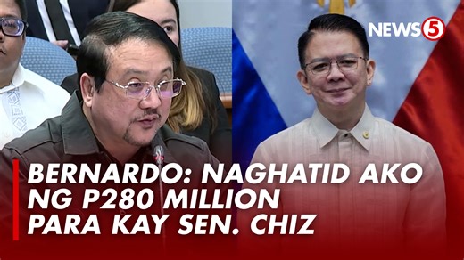 P160 MILLION AND P120 MILLION FOR SEN. CHIZ Dalawang beses umanong naghatid si dating DPWH usec. Roberto Bernardo ng tumataginting na P160 million at P120 million para kay Sen. Chiz Escudero sa Cherry Mobile Building sa Maynila na pagmamay-ari ni Maynard Ngu ng Cosmic Technologies. Ayon kay Bernardo, ang inilaan nilang listahan ng proyekto para kay Escudero ay nagkakahalaga ng P1.4 billion at may commitment na 20%. | News5