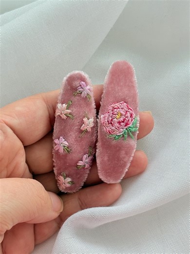 Hand Embroidered Peony Hair Clips | Pink Silk Velvet Snap Barrettes - Etsy