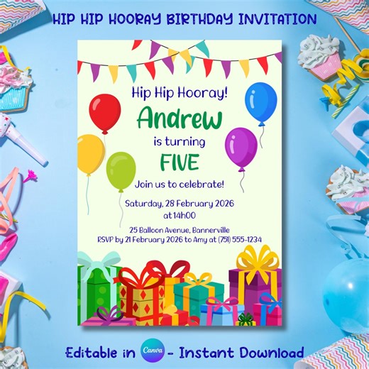 Hip Hip Hooray Birthday Invitation Template | Kids Party Invite | Editable in Canva | Digital Download - Etsy UK