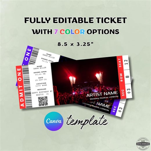 Editable Concert Ticket Template, Custom Concert Ticket, Printable Concert Ticket, Gift Idea for Her/him, DIY Event Ticket, Canva Template - Etsy Canada