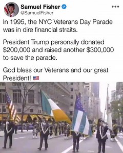 🚨 FLASHBACK: In 1995, NYC’s Veterans Day Parade was on the brink of collapse — until Donald J. Trump stepped in. He personally donated $200,000 and raised another $300,000 to save the event and honor our heroes. While others talk, Trump acts. This is the man who truly supports our Veterans. God bless our troops. God bless President Trump. 🇺🇸 | Samuel Fisher